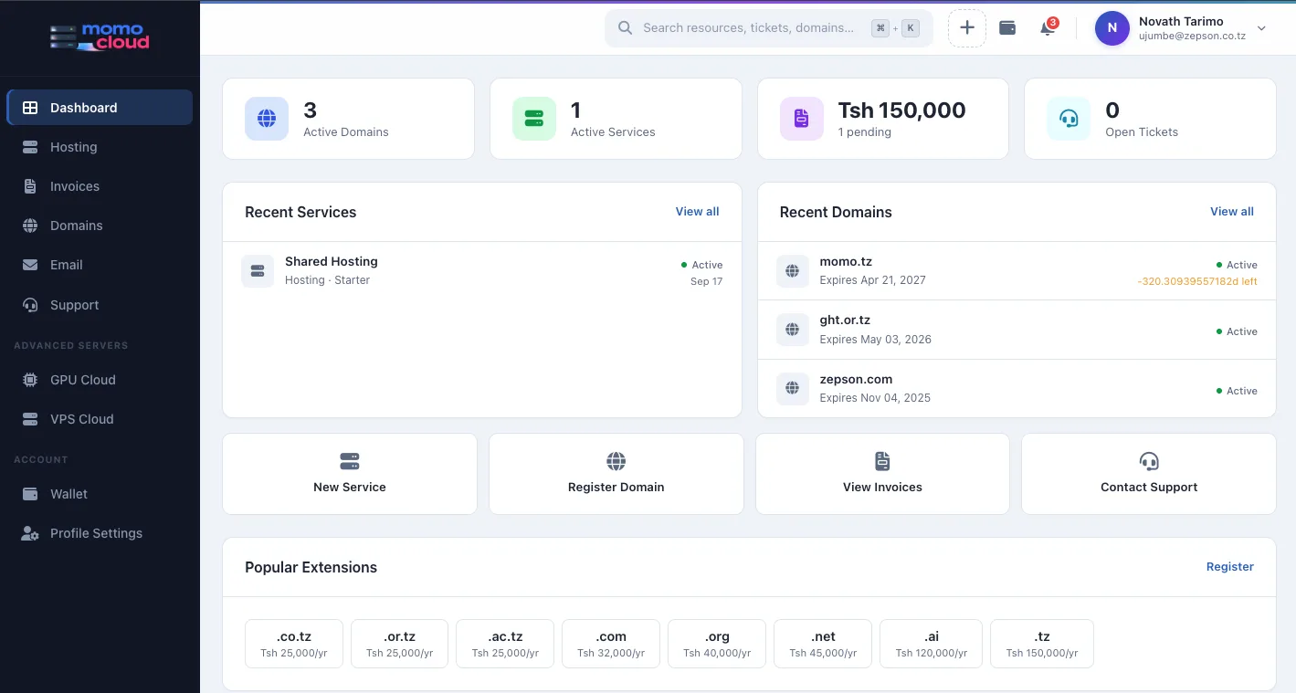 Momo Cloud dashboard after signing in.