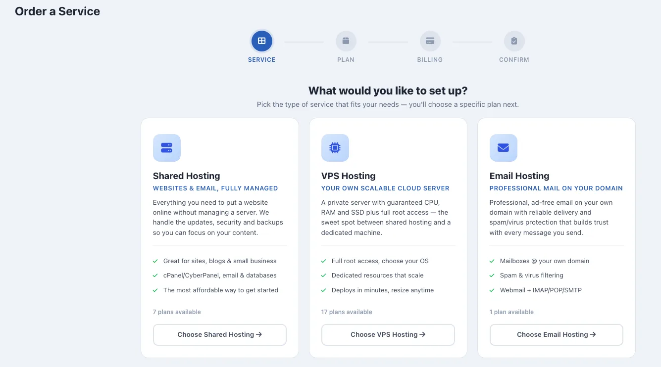 Order a Service page with Shared Hosting option