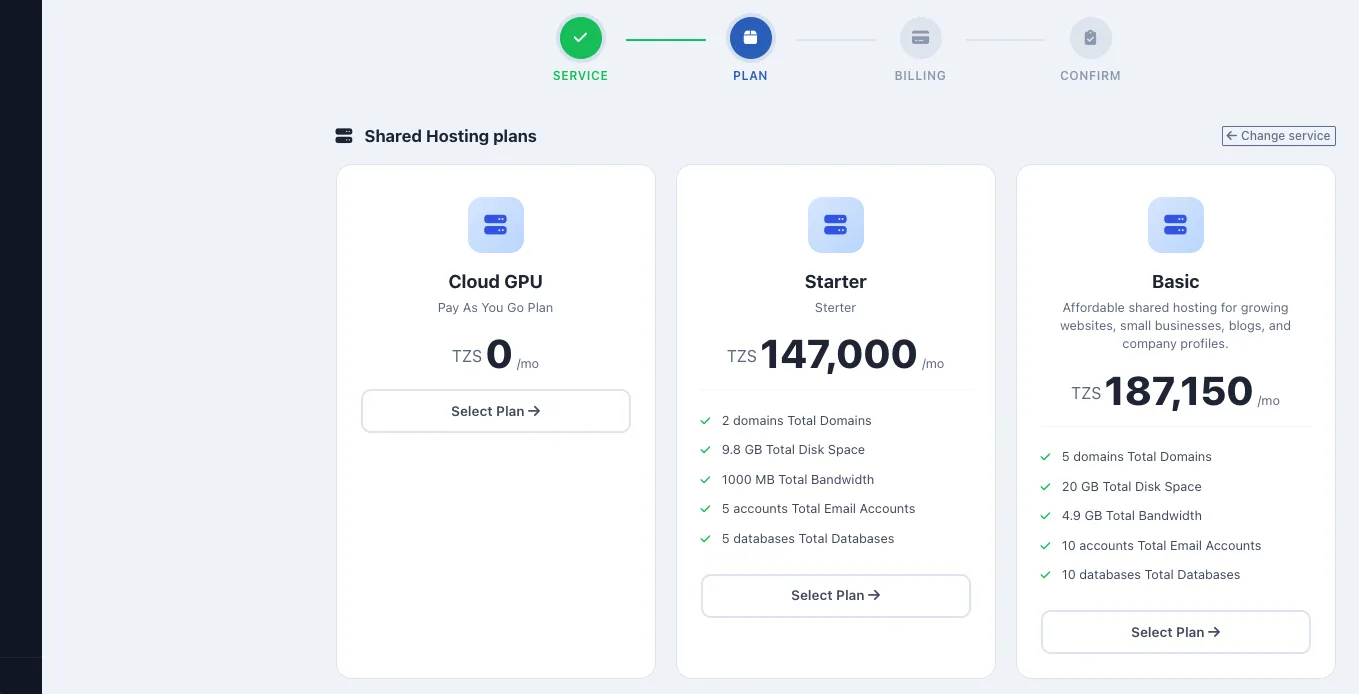 Shared hosting plan cards with prices and resource limits