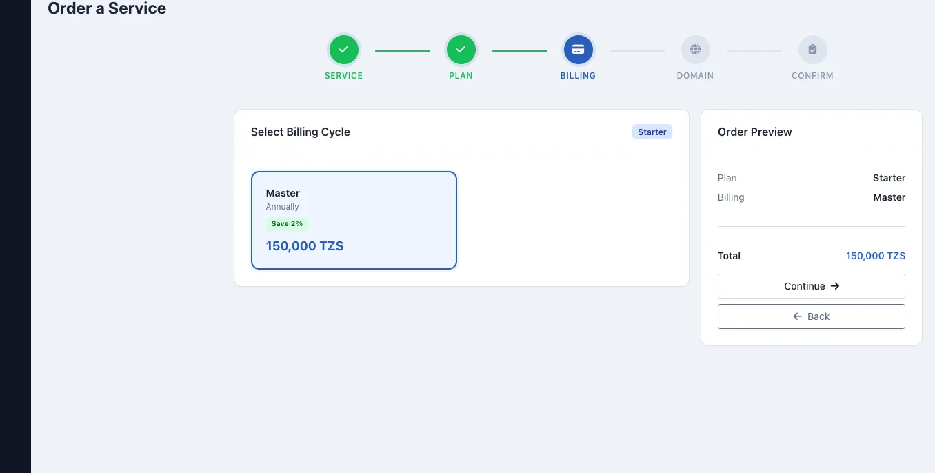 Billing cycle selection for Starter shared hosting
