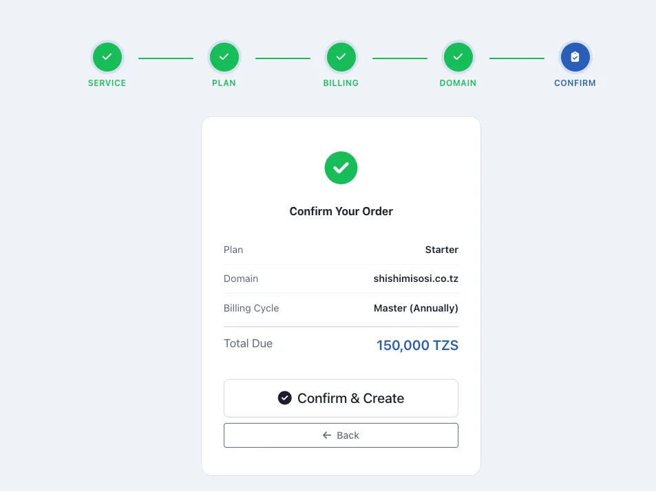 Order confirmation page for Starter shared hosting