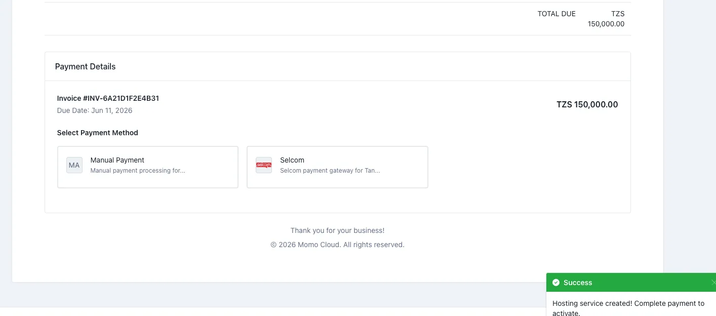 Invoice page showing payment method choices and service created notice
