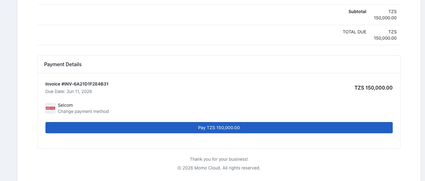 Invoice page with Selcom selected and pay button