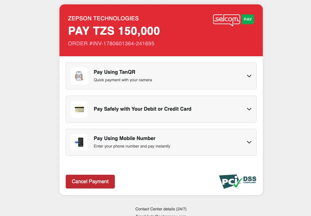 Selcom payment page with TanQR card and mobile payment options