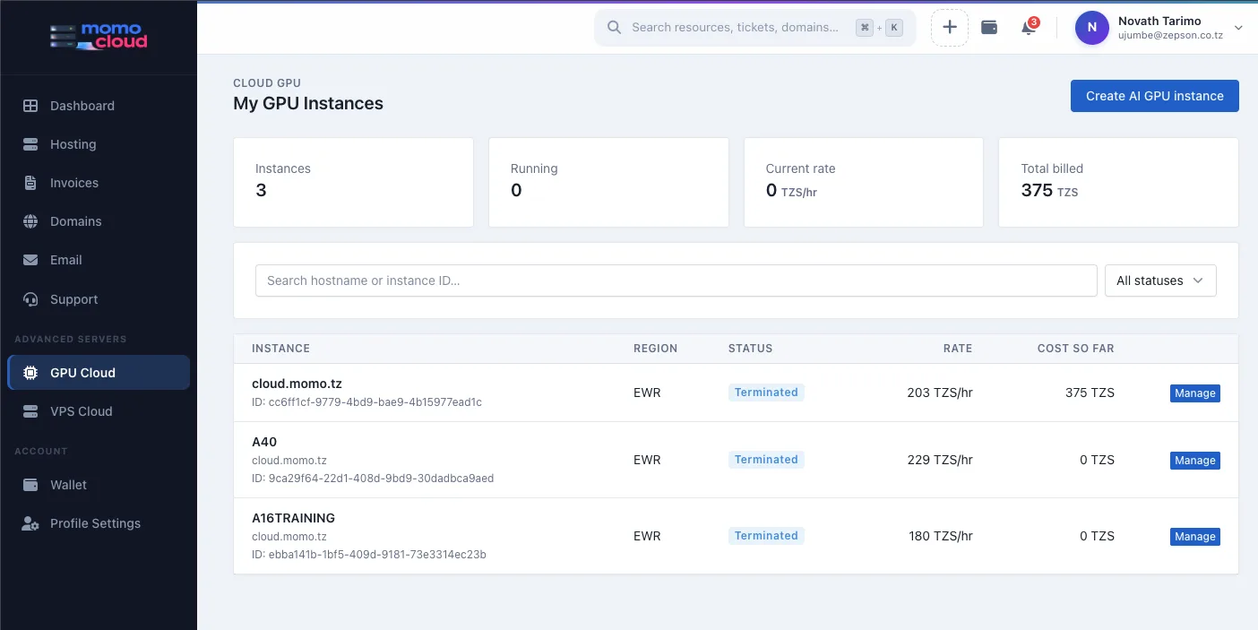 My GPU Instances page with create button in Momo Cloud.