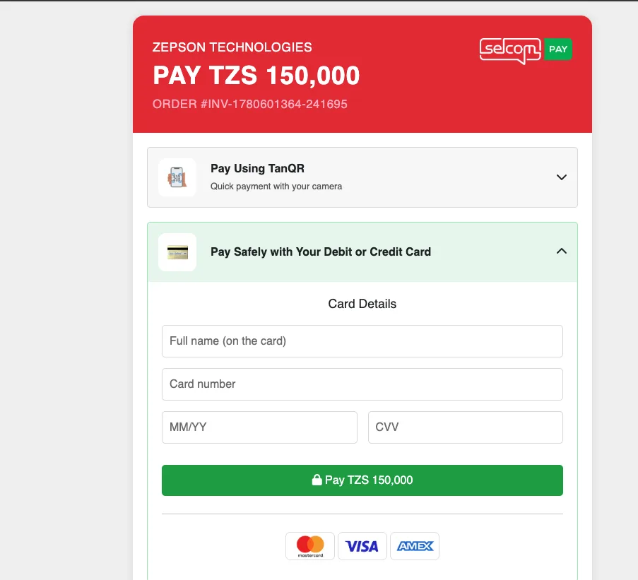 Selcom card payment form for the hosting invoice