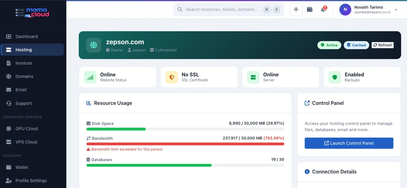 Shared hosting dashboard with Launch Control Panel button