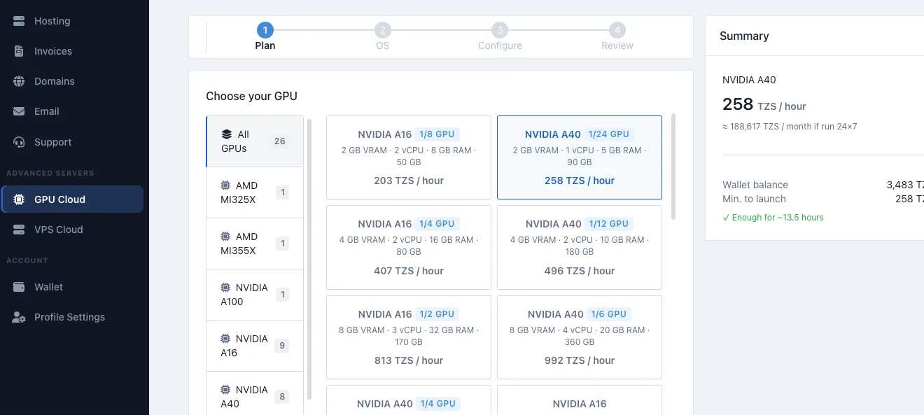 GPU plan selection screen with NVIDIA A40 selected.