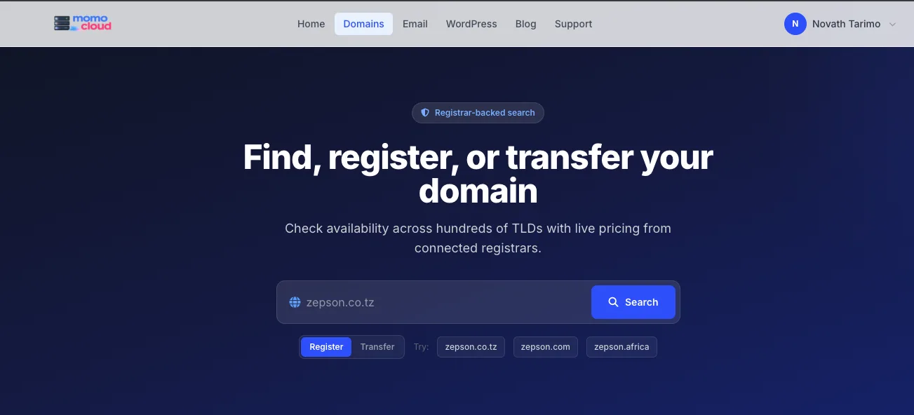 Momo Cloud domains page with the main search form