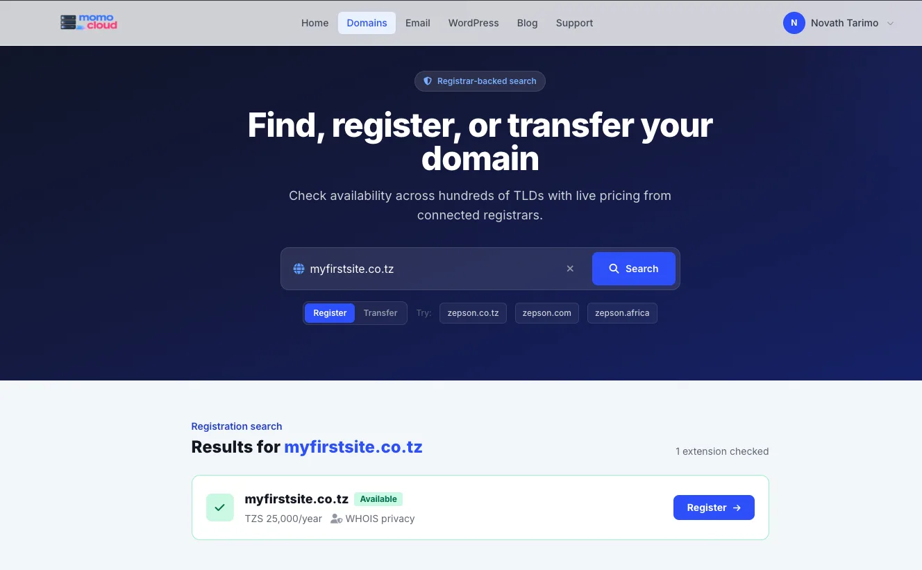 Domain availability result showing an available .co.tz name