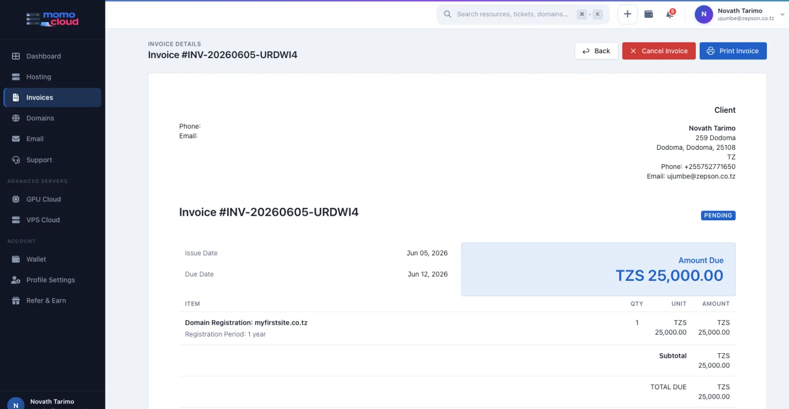 Pending invoice for a domain registration order