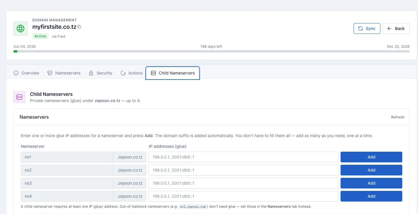 Child nameservers form for a domain in Momo Cloud