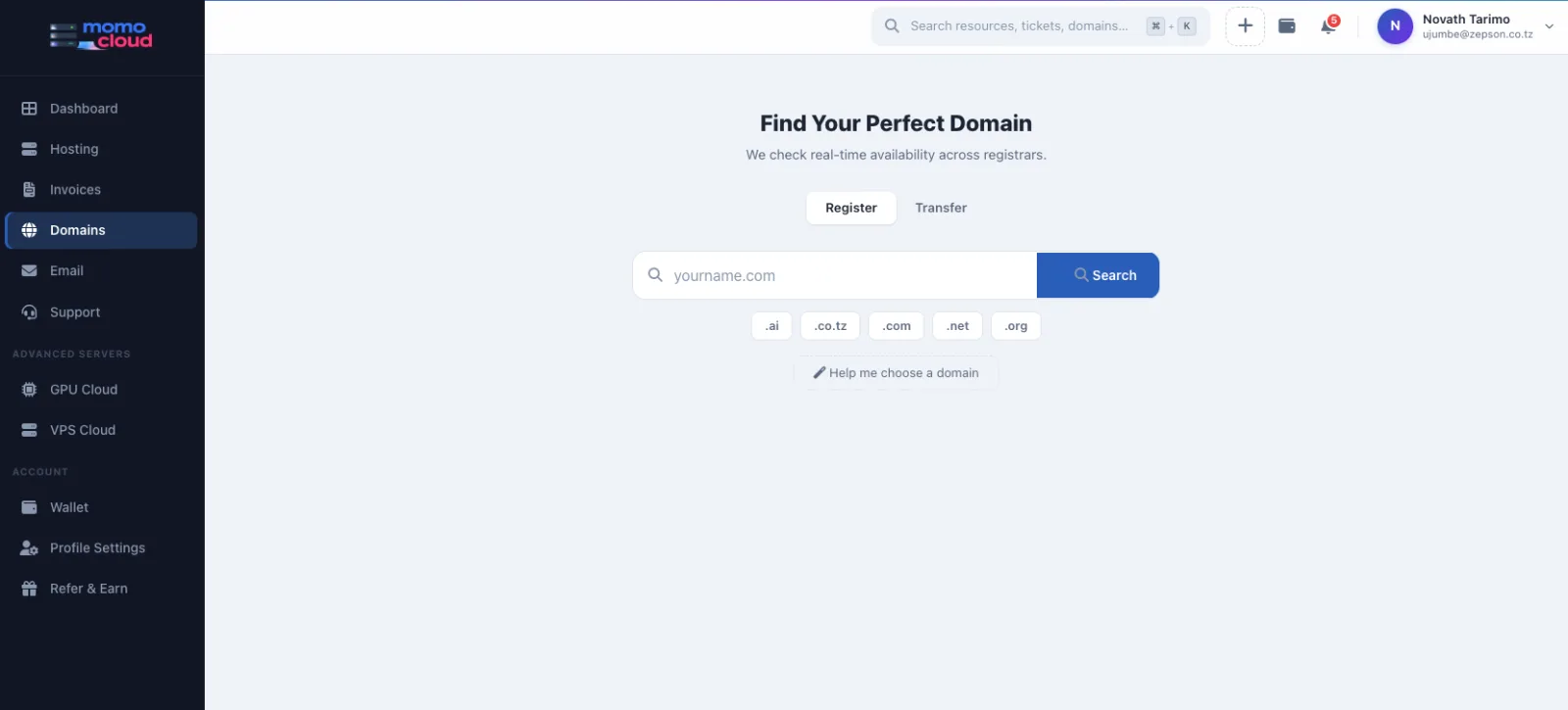 Client area domain search page with register and transfer tabs