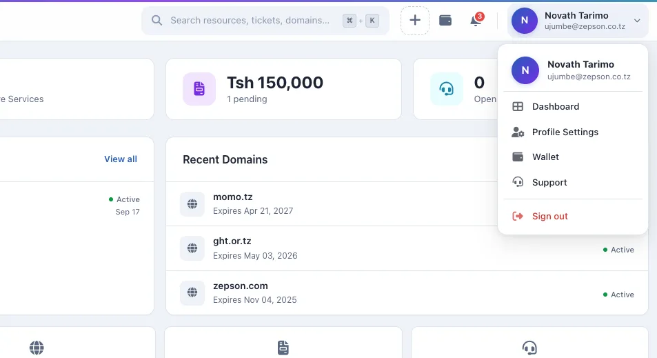 Momo Cloud dashboard account menu with Profile Settings option