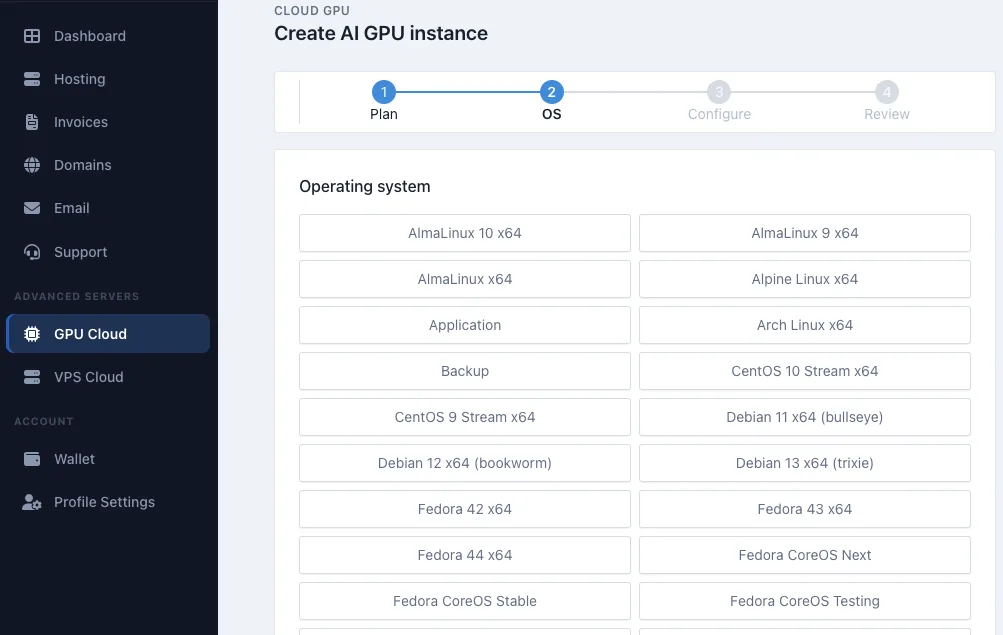 Operating system selection screen for a GPU instance.