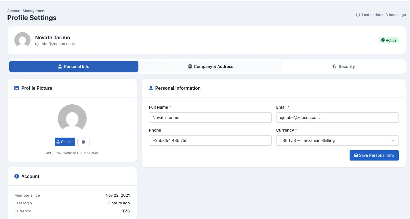 Momo Cloud Profile Settings page with the Security tab visible