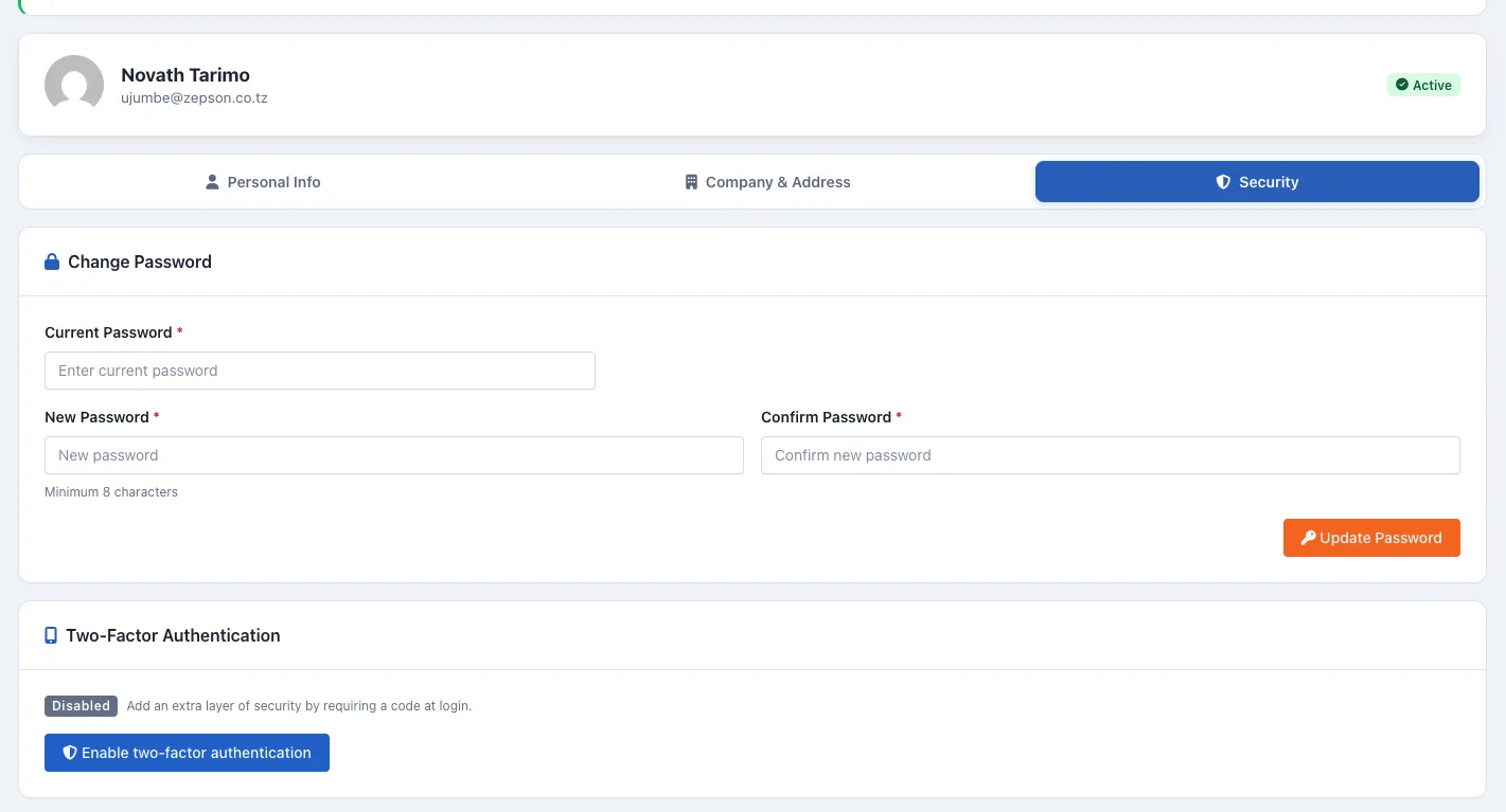 Momo Cloud security tab showing 2FA disabled