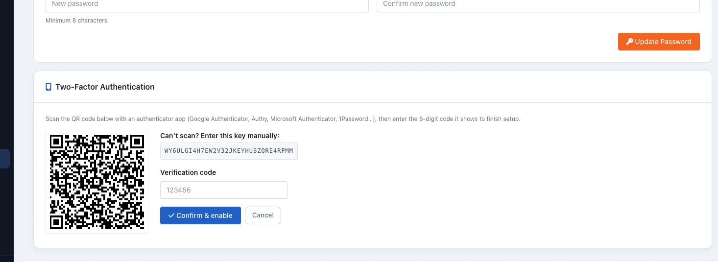 Momo Cloud 2FA setup screen with QR code and verification field