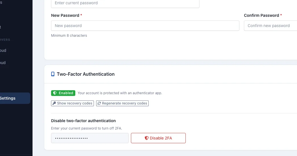 Momo Cloud security section showing 2FA enabled