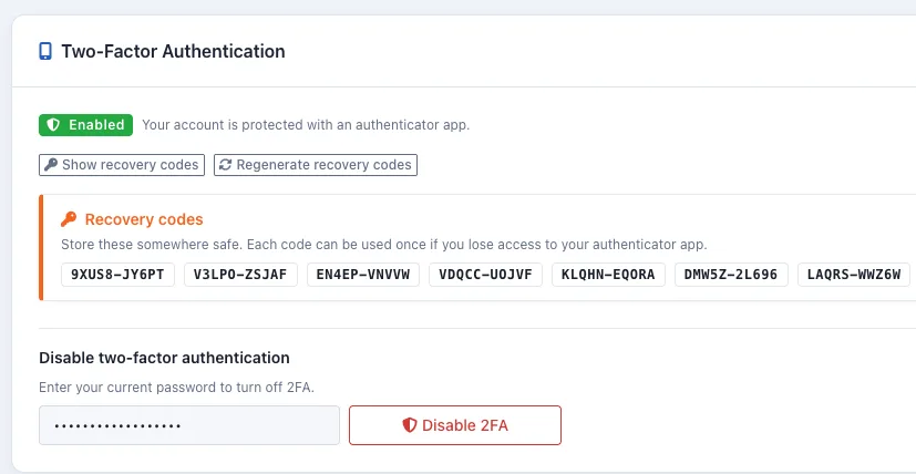 Momo Cloud recovery codes displayed after enabling 2FA
