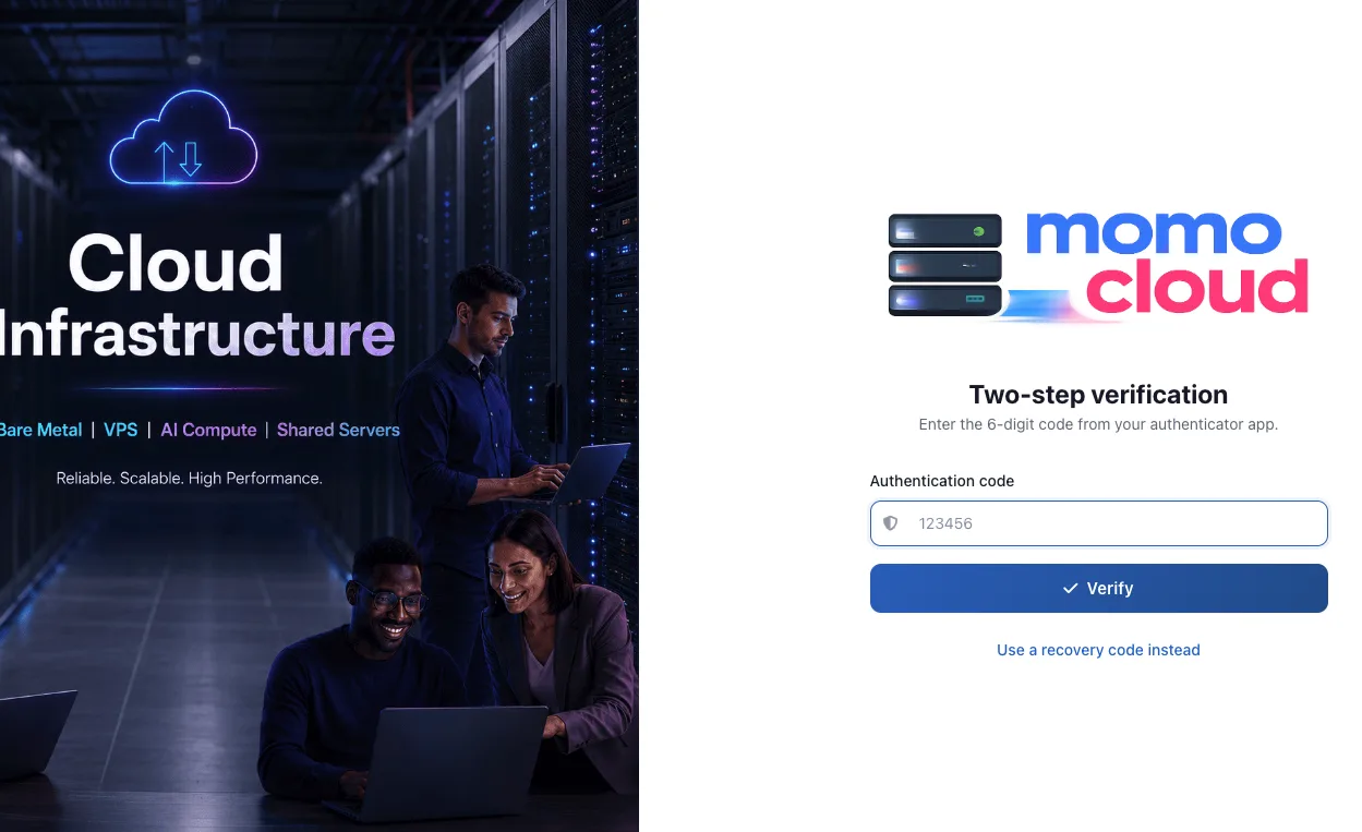Momo Cloud two-step verification screen requesting a 6-digit code