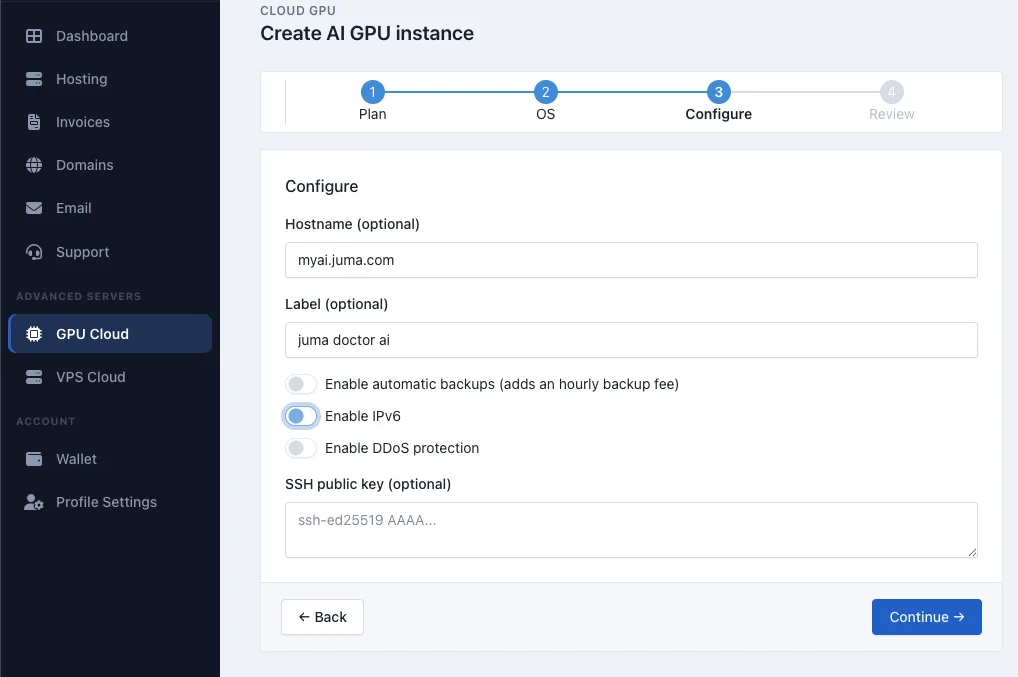Configure step for hostname, IPv6, backups, and SSH key.