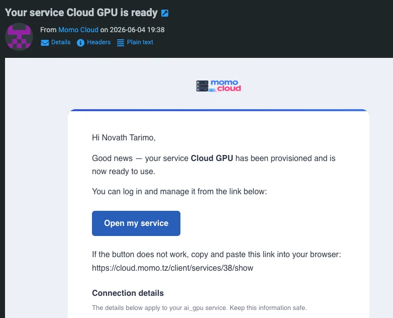 Momo Cloud email confirming the GPU service is ready.