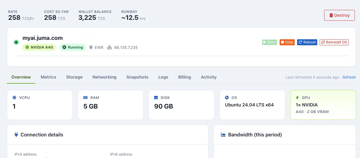Running GPU instance overview in Momo Cloud showing NVIDIA A40 and instance details.